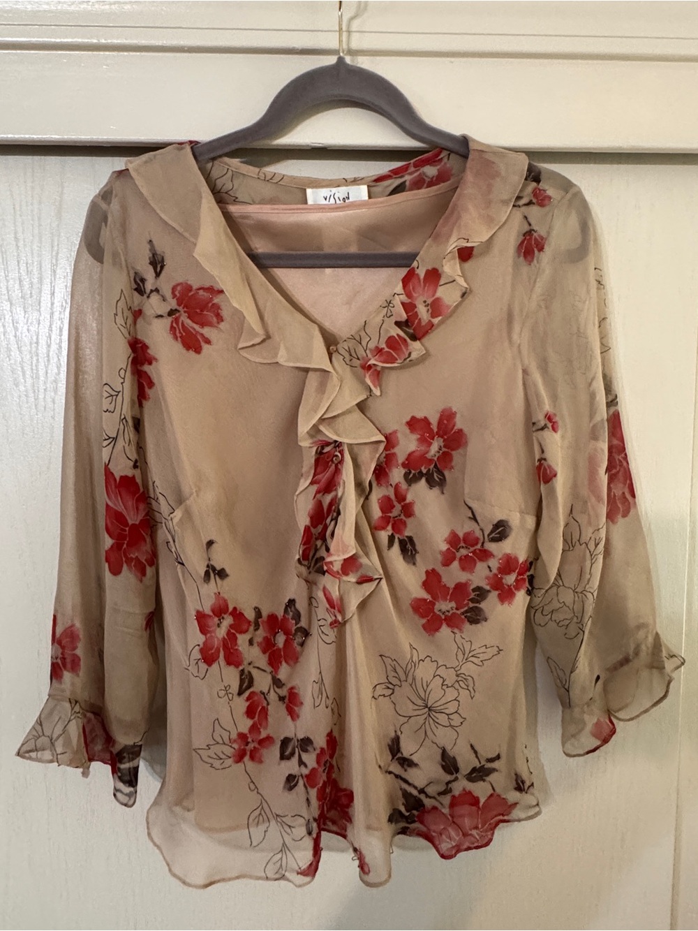 Vintage silk Beige Ruffle V-Neck Blouse with Red Flower Print